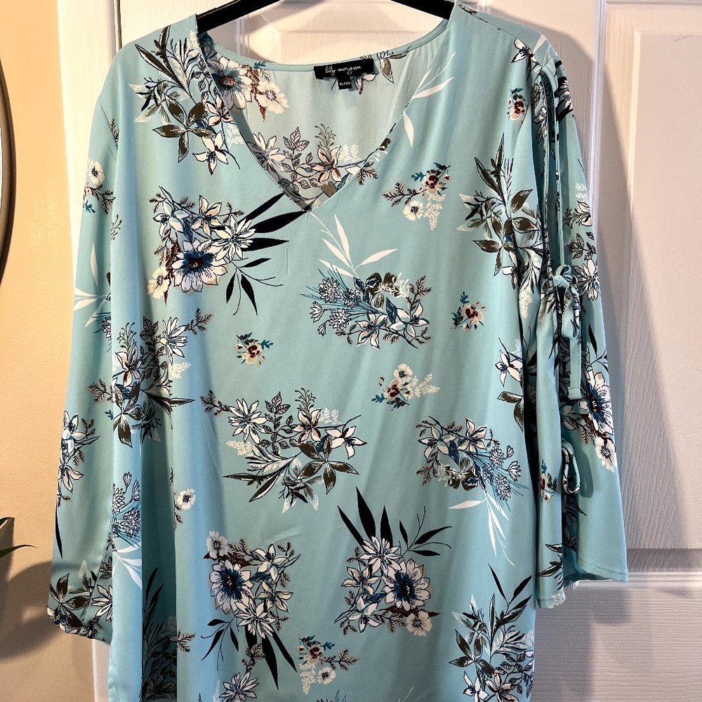 Lily Morgan, teal, floral, loose blouse